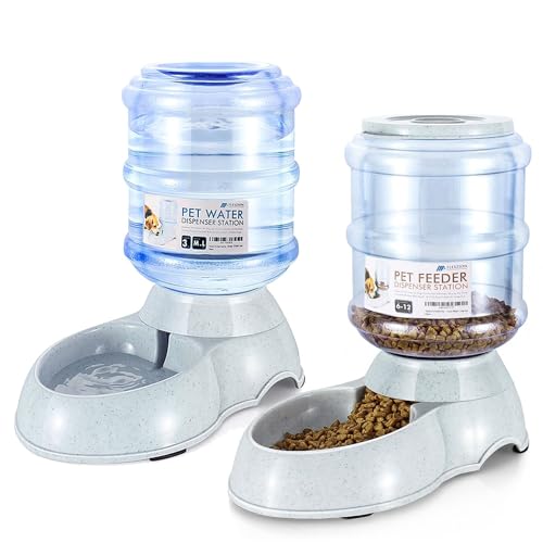 Flexzion Gravity Pet Food Water Feeder Dispenser Bundle Set (Large) for Dogs Cats Automatic Replenish Waterer Dry Food Storage Container Bowl, Small Medium Dog Cat Feeding Watering Fountain Supplies