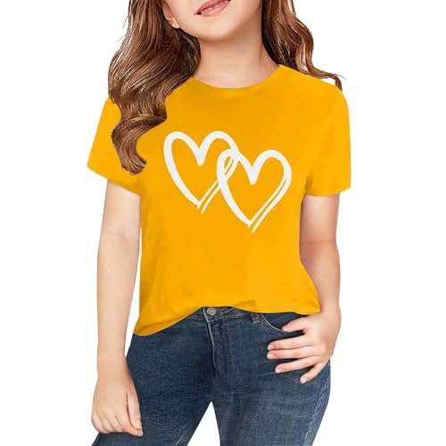 Girls Short Sleeve Tops Heart Graphic Crew Neck Teen Preppy T-Shirts Summer Casual Outfits Solid Color Clothes