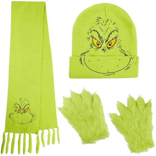 Zestaw zimowych akcesoriów The Grinch dla kobiet, mężczyzn i nastolatków - czapka, szalik i rękawiczki
