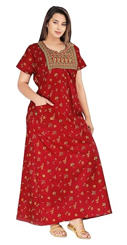 Image of DIAMO Pure Cotton Embroidery Nighty for Women, Cotton Night Gown, Night Maxi Gown, Cotton Nighty with a Pocket and Adjustable Knot
