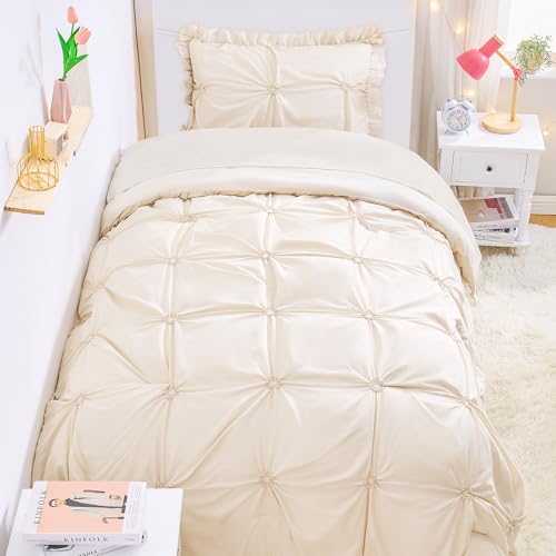 Image of Twin Comforter Set for Girls, Boho Pintuck Bedding Comforter Sets, 4 Pieces Ruffles Jacquard Embroidery Twin Bedding Sets with Comforter, Fitted Sheet, Flat Sheet and Pillowcase, Beige