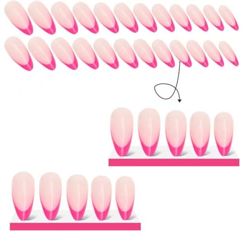 Image of Pink French Tip Press on Nails Medium Almond Fake Nails Nude False Nail with Design Glossy Glue on Nails Reusable Artificial Acrylic Stick on Nail For Women Girls present Manicure 24pcs