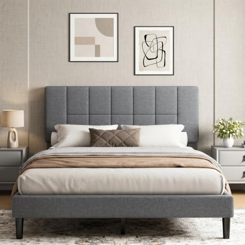 Image of Marsail Queen Size Bed Frame with Upholstered Adjustable Headboard, Fits 6-12 Inch Mattress, 1300 lbs Capacity, 12 Sturdy Solid Wood Support Legs, Easy Assembly, Dark Gray