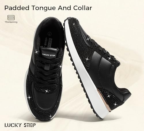 LUCKY STEP Women's Fashion Casual Sneakers Platform Rhinestone Retro Trendy Tennis Travel Walking Shoes Anti-Slip Comfortable Lace-up Footwear2