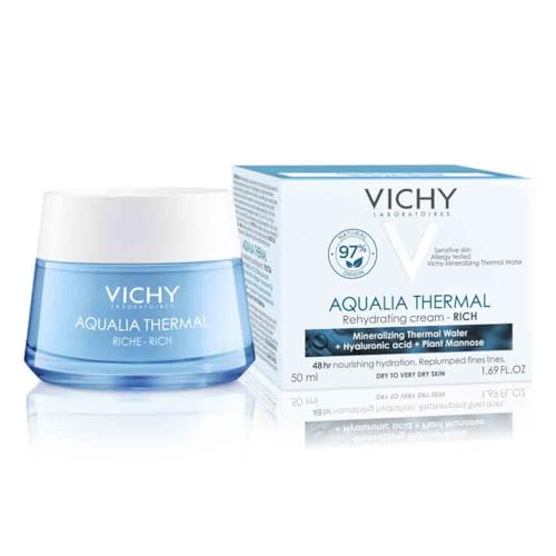 Vichy, Aqualia Thermal, Crème Riche Réhydratante, Peaux Sensibles, Hydratation 48H, 97% d'Ingrédients d'Origine Naturelle, Enrichie en Beurre de Karité, 50 ml