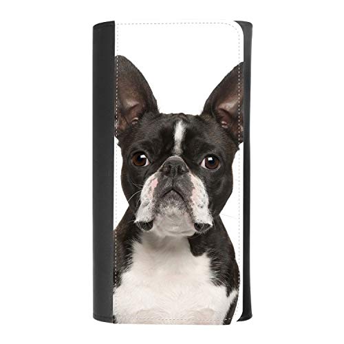 (Boston Terrier) women's Patterned Leather Buckle Trifold Wallet Bag Pouch Holster With Credit Card Holder insurance for smartphones