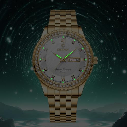 Image of JewelryWe Couple Gold Quartz Watch: Business Analog Full Diamond Day Date 3ATM Waterproof Luminous Hands Stainless Steel Removable Strap Casual Wrist Watch for Father's Day