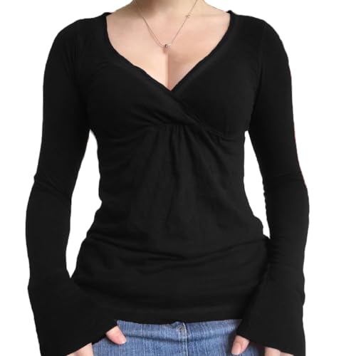 Image of Women Fairy Grunge Aesthetic Shirts Tops Long Sleeve V Neck Tops Girl Basic Slim Fit Blouse Streewear