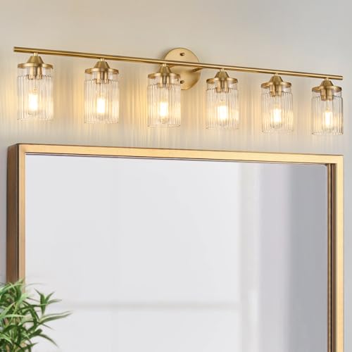 Image of Jonsi Gold Bathroom Light Fixtures 6-Light Vanity Lights Modern Wall Sconce with Clear Glass Shade Brushed Brass Bathroom Light Fixture Over Mirror for Bedroom Hallway Kitchen
