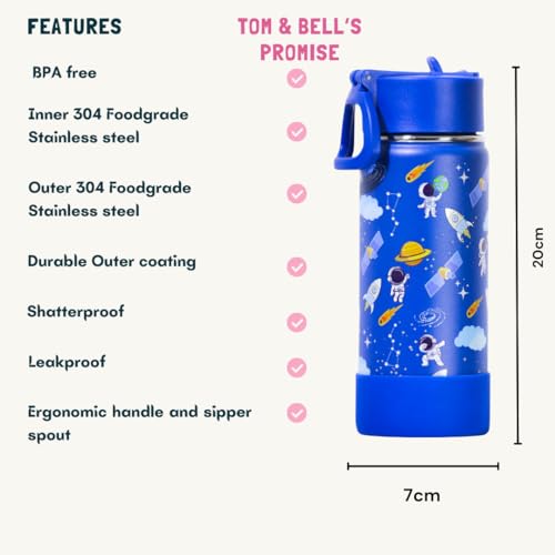Image of TOM & BELL Insulated Water Bottle for Kids 500ml,Double Wall Water Bottle for School, Sipper Bottle,Hot and Cold, Premium 304 Stainless Steel (dark blue, 500ml)