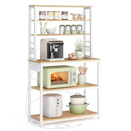 Image of VASAGLE Bakers Rack with Power Outlet, 31.5 Inches Coffee Bar for Kitchen with Storage, 6-Tier Kitchen Shelves with 6 Hooks, Microwave Stand, Golden Oak and White UKKS119Y01