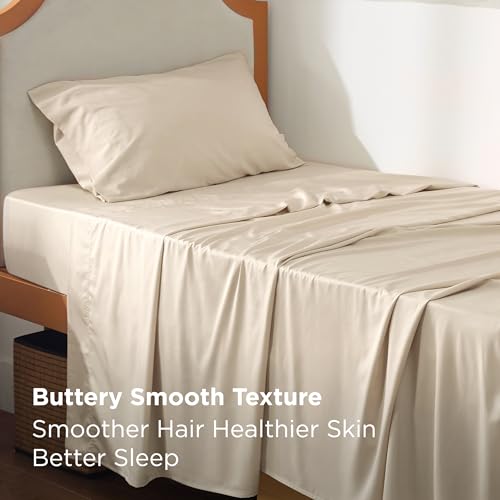 Image of Bedsure Cooling Sheets Twin XL, Rayon Derived from Bamboo, PureWoven, Breathable & Soft Twin XL Sheet Sets, Deep Pocket Up to 16 Inches, Hotel Luxury Silky Dorm Bedding for Hot Sleepers, Beige