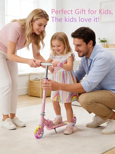 Image of 3+ Kids LED Foldable Pink Scooter, Adjustable Kick Scooter Boys Girls Birthday Gift