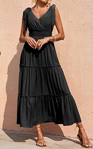 Image of PRETTYGARDEN Women's Cross Neck Summer Sleeveless Tiered Maxi Dress Beach Tie Strap Smocked Long Dresses Pleated Sundress