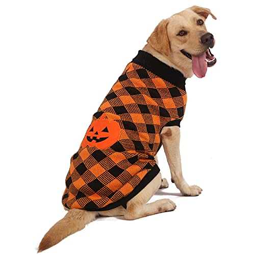 ZIFEIPET Hunde Pullover Halloween Kürbis Pullover Plaid Rollkragen mit Leine Loch Haustier Herbst Winter Pullover Strickwaren Halloween Kleidung für Hunde Katzen Cover