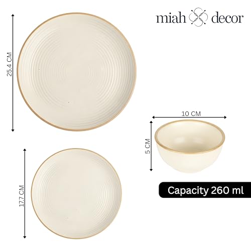 Image of Miah Decor Ceramic Dinner Set - 12-Piece Handmade Stoneware Dining Set | 4 Bowls, 4 Quarter Plates & 4 Dinner Plates | Off White Ribbed Matte Finish | Microwave & Dishwasher Safe | Ideal for Gifting