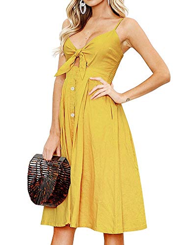 FANCYINN Gravata feminina amarela com botão frontal para baixo alça espaguete vestido midi verão pra