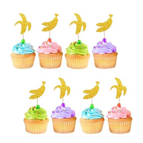 24pcs Banana Cupcake Toppers, Banana Birthday Cupcake Toppers, Gold Glitter