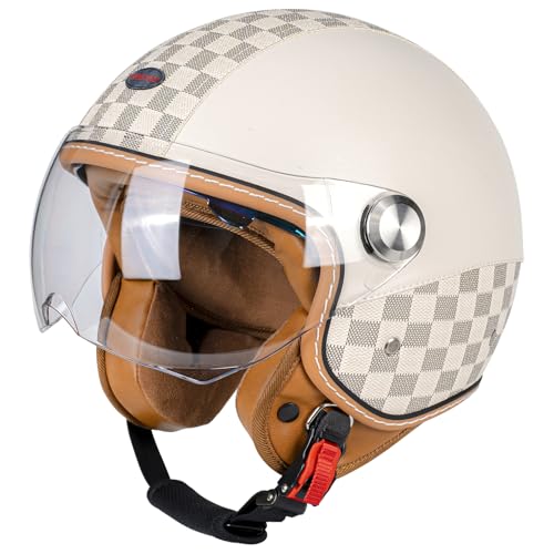 QUICKOOL Dual Visor 3/4 Open Face Motorcycle Helmet for Men & Women, DOT Approved Unisex Retro Half Helmet?Motorbike Casco for Moped Cruiser Bobber and Chopper (Short Outer Shield,M)