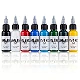 Rnigra Tattoo Ink Black, White, Red, Purple, Yellow, Green, Sky Blue, Dark Blue 8PCS, Dynamic Tattoo Ink, for Colouring and Mixing, Vibrant, Sterilized, Vegan, Safe and Long Lasting(15ml/Bottle)