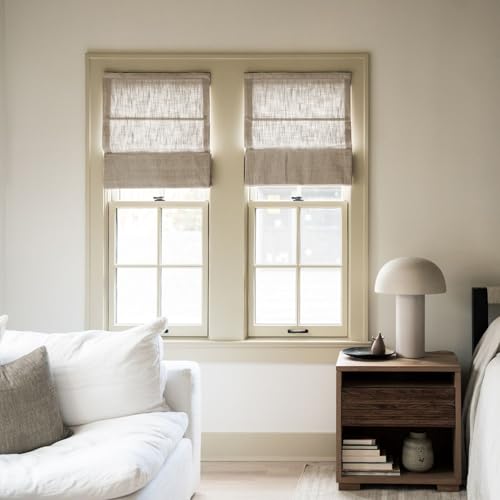 Image of TWOPAGES Liz No Drill Cordless Roman Shades Linen Textured Roman Blinds for Windows, Custom Made Room Darkening Blackout Roman Window Shades, Hardware Included, Grey Beige, 1 Piece