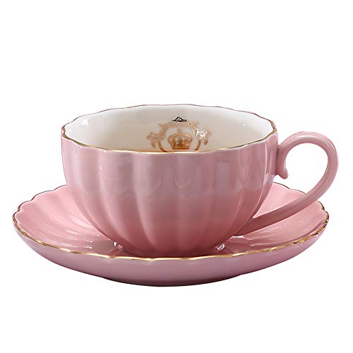 Heasa Porcelain British Royal Series Single Tea Coffee Cup with Saucer, 8 Ounce Cappuccino cup, Latte cup, Expresso Mug(Pink for one)