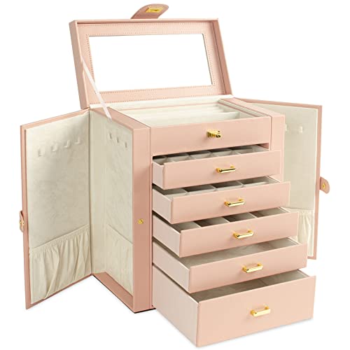 Akozlin Large Jewelry Box Organizer Functional Lockable With Big Mirror, Leather Jewelry Storage Case For Women Girls Ring Necklace Earring Bracelet Holder Organizer Pink #TOP2