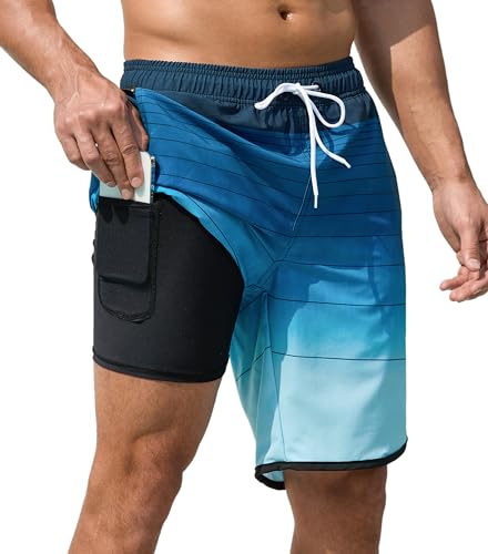 Mens Swim Trunks with Compression Liner 9 Inch Quick Dry Bathing Suit Board Shorts with Zipper Pockets