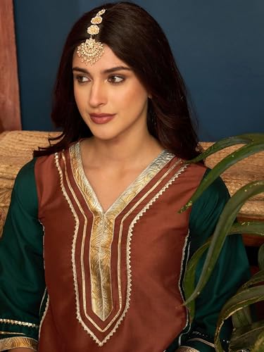 Image of EthnicJunction Women's Cotton Silk gota Patti Work High-Low Kurti with farshi Salwar | Co Ord Set for Women Stylish | Festival wear | Kareena Kappor Kurta Set | Wedding | Ethnic Kurta Set