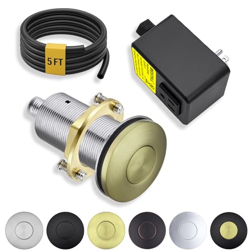 Image of BESTILL All Metal Garbage Disposal Air Switch Kit, UL Listed Brushed Gold Long Push Button for Waste Disposer, Cordless Sink Top Switch On /Off Button, Compatible with all Garbage Disposals