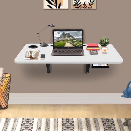 Image of wow craft Wall-Mounted Multipurpose Study Table for Home & Office | Foldable Wooden Desk with Drawer, Cable Slot & Cup Holder | Space Saving Workstation - 31x18.5 Inches (Matte White)