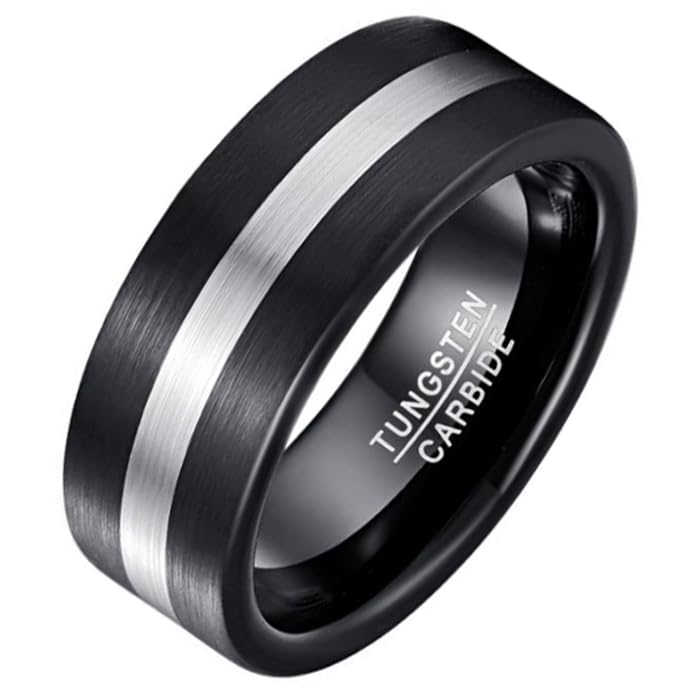 Bague homme carbure de tungstène Mendes look urbain noir argent 21mm