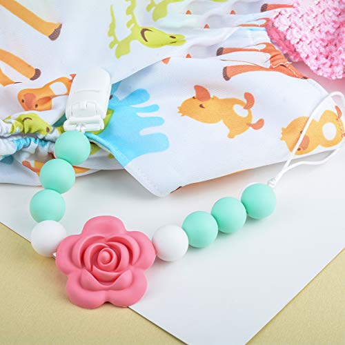 Pacifier Clip Holder Baby Teether,2 in 1 Universal Soother Holder Adapter, Teething Beads Soothie Holder for Girls Boys,Infant Shower Toy,Chewable Silicone Rose (White,Green,Pink Roses)