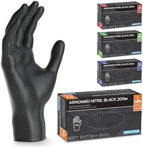 200x ARNOMED® Einweghandschuhe Schwarz, Nitril Handschuhe L | Einmalhandschuhe, Nitrilhandschuhe puderfrei, Gummihandschuhe Einweg, Schutzhandschuhe, Handschuhe Nitril, Putzhandsch