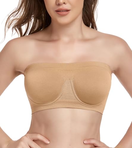 Lemorosy Women's Non Padded Underwire Strapless Bra Multiway Bandeau Tube Top Bralette(Beige,M)