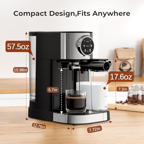 Image of Electactic Espresso Machine 20 Bar, Super Compact Espresso Maker Stainless Steel with Touch Screen, Professional Coffee Machine, Automatic Milk Frother for Cappuccino
