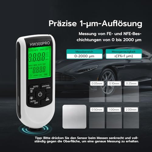 Mcbazel Digitales Schichtdickenmessgerät, Lackdickenmessgerät, Lackmessgerät Auto, Messbereich 0 bis 2000um