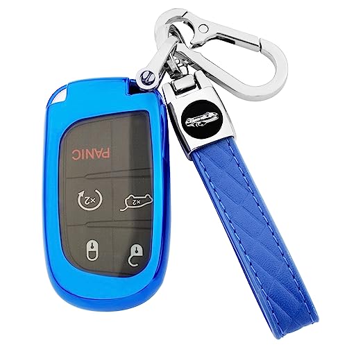 XIYANG TRADE for Jeep Key Fob Cover with Keychain,Soft TPU Key Case Shell Full Protection for Grand Cherokee Renegade Chrysler 200 300 Dodge RAM Durango Challenger Journey Dart Compass Charger(Blue)
