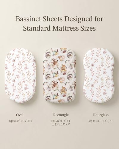 Image of Bassinet Sheets for Baby Girls Boys 2 Pack, Fitted Baby Mattress Sheet for Rectangle, Oval, Hourglass Bassinet Mattress, Breathable Cozy & Universal Fit (Forest Friends, Bassinet Sheet)