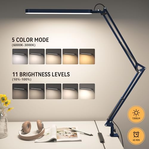 Image of SKYLEO Desk Lamp - LED Desk Light - 5 Color Modes X 11 Brightness Levels - Adjustable Swing Arm - Timmer & Memory Function - 12W Lamp for Desk - Blue