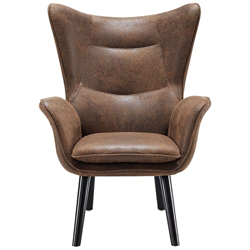 Bekrvio Accent Chairs Living Room Chairs, Modern Wingback Chair Reading Armchair With Solid Wood Legs And Cushion, Comfy Leathaire Upholstered Sofa Arm Chairs For Living Room Bedroom, Rustic Brown #TOP2