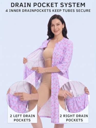Image of Women's Post Surgery Robe with Drain Pockets Mastectomy Recovery Robe Front Zipper Hospital Gown Pajamas Gift