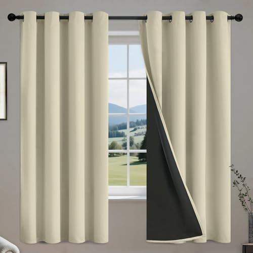 Image of COSVIYA 100% Light Cream Blackout Curtains for Kids Room 52 Inches Length