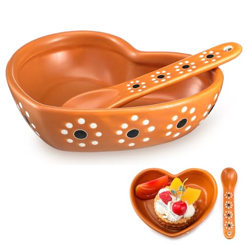 Image of Honeydak Mexican Clay Plates Floral Heart Shaped Ceramic Clay Bowl and Spoon Set, Terracotta Mexican Talavera Plates, Mexicanos, Artesanales Mexicanas Bowl for Cinco De Mayo Party Wedding Decorations