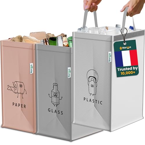 Norggo® Poubelle tri selectif 3 bacs 40L - Sac tri selectif pour le plastique, le papier et le verre - Flexible poubelle de tri avec poignée - Bac de tri...