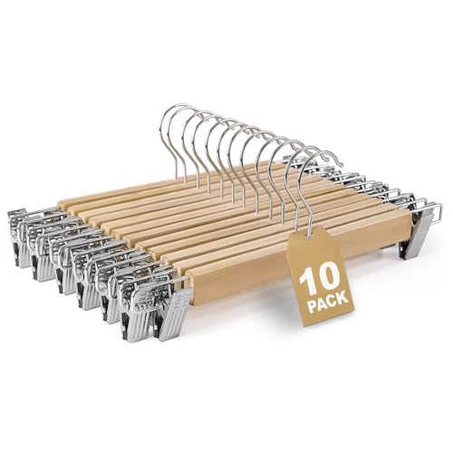 MERCURY TEXTIL   Perchas Madera para Pantalones con Almohadillas Que No Dañan la Ropa, Gancho de Acero Cromado 360°   Perchas Pantalones de Madera Maciza Pulida sin Astillas (Madera, 10 Unidades)