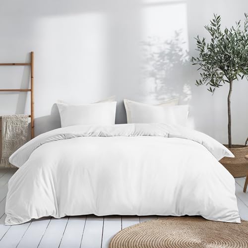 Dreamzie Funda Nordica Algodon Satinado 200x220 cm - Blanco - Ropa de Cama, Funda Edredon 200x220 cm y 2 Funda Almohada 80x80 cm - Algodón Satinado - 3 Piezas