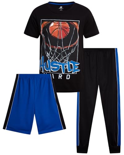 Image of Pro Athlete Boys Pants Set - 3 Piece Active Short Sleeve Graphic Tees Athletic Shorts and Jogger Sweatpants for Boys
