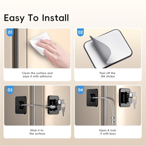 Image of Dangfly Child Safety Device Refrigerator Door Lock with 1 Key and Adhesives, Cabinet Restrictor Cable for Baby and Toddler, Lock for Cupboards, Drawers, Fridge, Wardrobe (Medium, 1, Piece)