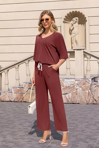 Image of difficort 2 Piece Lounge Sets for Women Summer Outfits Vacation Loungewear | Knit Raglan Short Sleeve Wide Leg pant with Pockets